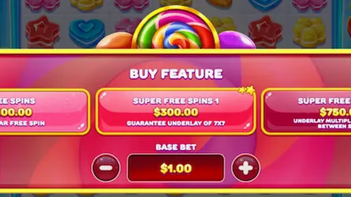 Interface colorida e vibrante do jogo Candy Rush com doces e grade 7x7