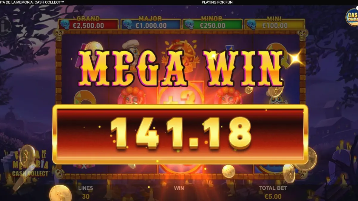 Interface vibrante e neon do slot Fiesta de la Memoria Cash Collect com elementos temáticos do Dia dos Mortos