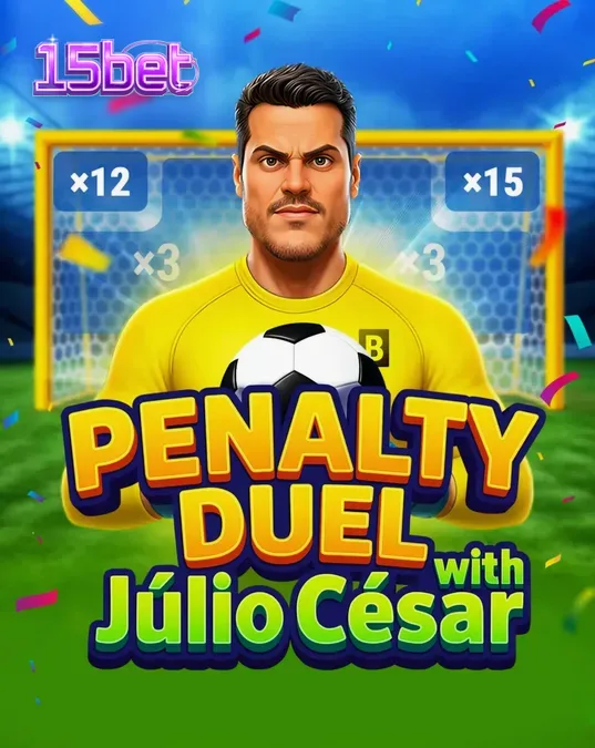 Interface de jogo do slot Penalty Duel com Júlio César mostrando o goleiro e os pontos de chute
